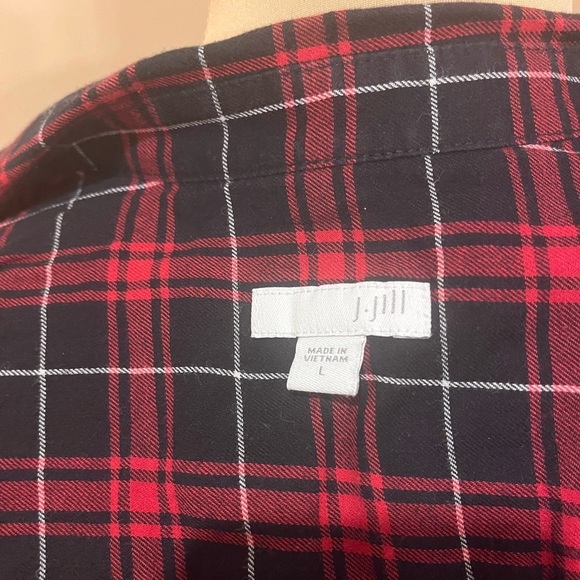 J. Jill Plaid Button Up Red Black Tunic Long Sleeve Shirt, peplum, size Large - Picture 5 of 6